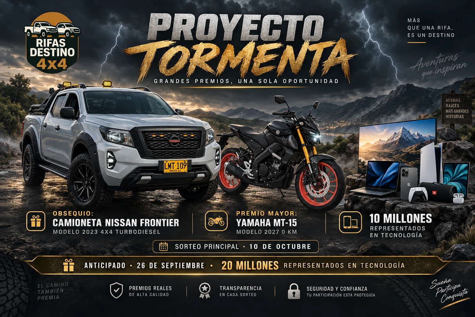 Premios de la rifa: camioneta, moto y tecnología